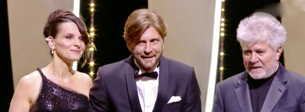 Moment of glory: Juliette Binoche joined jury president Pedro Almodóvar to award the Palme d’Or to Ruben Östlund for The Square